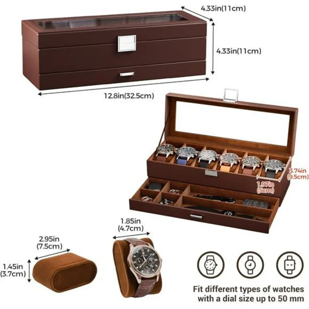 Lolalet Watch Box for Men 6 Slot Display Case Drawer Storage Organizer Glass